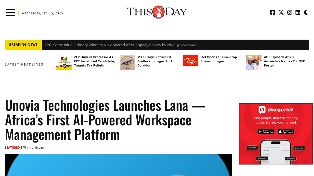 ThisDay headline about Unovia Technologies launching Lana
